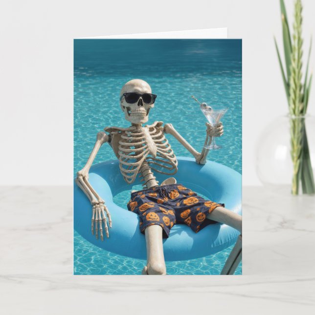 Carte Squelette d'anniversaire flottant dans une piscine (Devant)