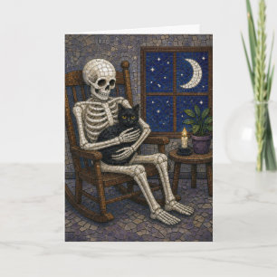 Carte Squelette de Halloween en mosaïque avec chat noir