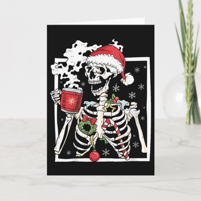 Carte Squelette de Noël avec crâne souriant buvant du ca (Devant)
