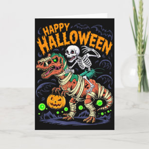 Carte Squelette d'Halloween à cheval sur une momie T Rex