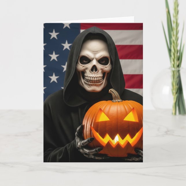 Carte Squelette d'Halloween avec citrouille sculpté (Devant)