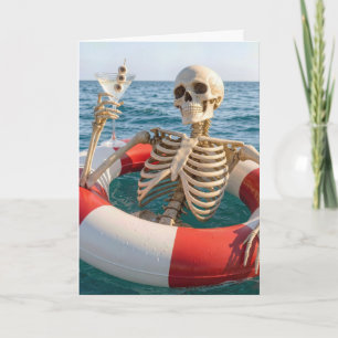 Carte Squelette d'Halloween flottant dans un bouée de sa