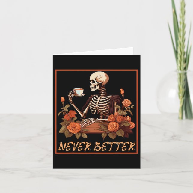 Carte Squelette effrayant avec café et fleurs Halloween  (Devant)