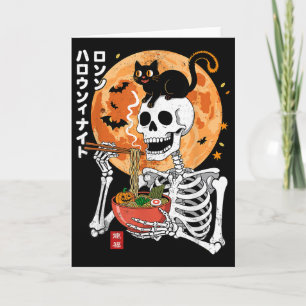 Carte Squelette effrayant mangeant un bol de ramen avec 