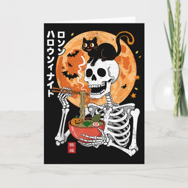 Carte Squelette effrayant mangeant un bol de ramen avec  (Devant)