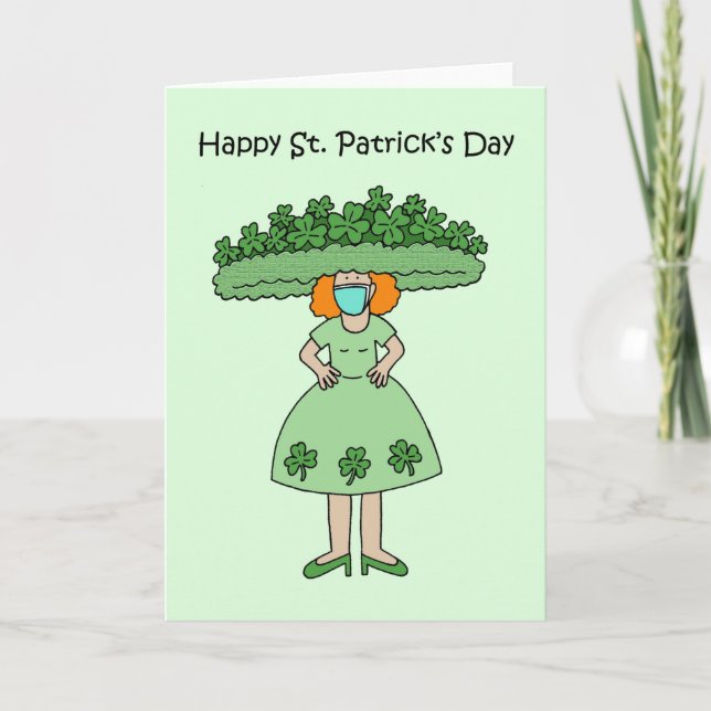 Carte St. Patrick's Day Lady portant une robe Shamrock (Devant)