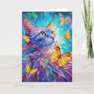 Carte Stained Glass Cat 730 blue yellow butterflies