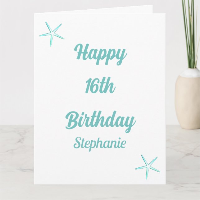 Carte Starfish 16e anniversaire Seize bleu Turquoise Nom (Devant)