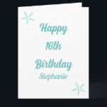Carte Starfish 16e anniversaire Seize bleu Turquoise Nom<br><div class="desc">Conçu avec le design étoile de mer,  message "Happy Seizième Anniversaire" et modèle de nom personnalisé que vous pouvez modifier pour customiser et aussi personnalisé arrière - plan de couleur!</div>
