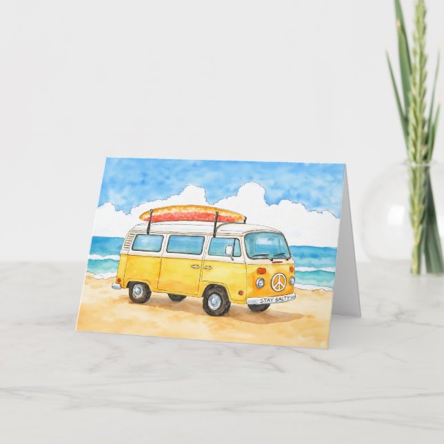 Carte Stay Salty Surfer Van Beach Greeting Card (Devant)