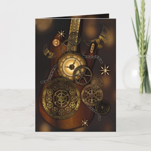 Carte Steampunk Anniversaire Son Metal Gears Guitare (Devant)