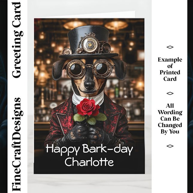Carte Steampunk Dachshund Chien + Rose AH10 Anniversaire (Créateur téléchargé)