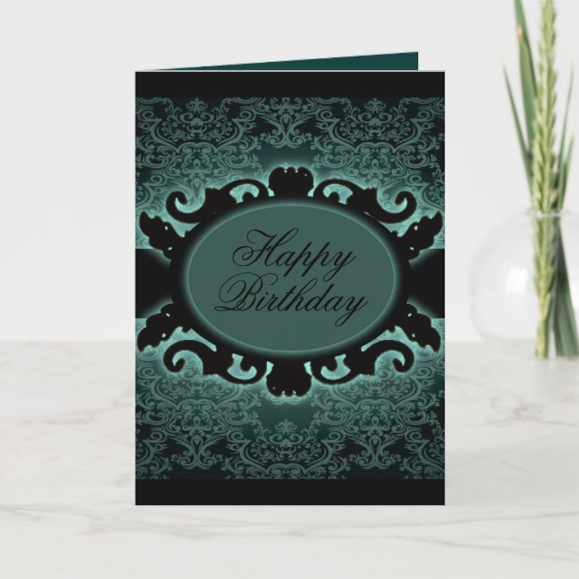 Carte Steampunk Turquoise noir Damas gothique monogramme (Devant)