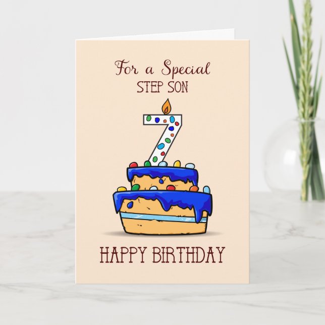 Carte Step Son 7e anniversaire, 7 sur le gâteau bleu dou (Devant)