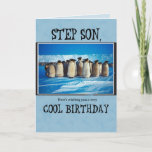 Carte Step Son Birthday, Penguins<br><div class="desc">Wish a very happy Birthday to your Step Son with this great card in blue,  white and black colors. These penguins from the South Pole are ready for the party.</div>