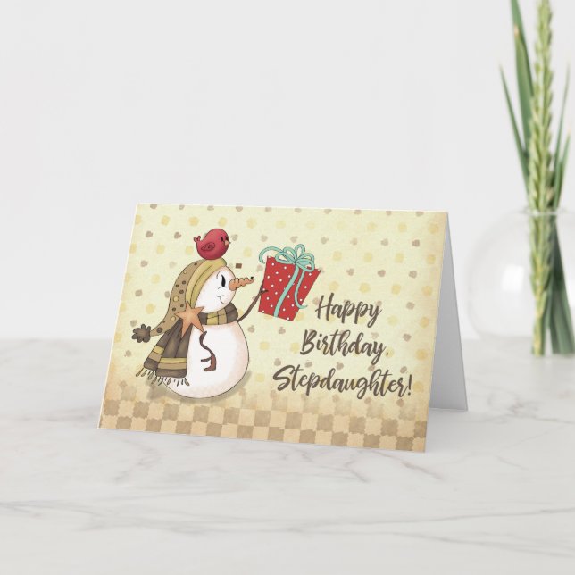 Carte Stepgirl Birthday Bird sur Snowman avec présent (Devant)