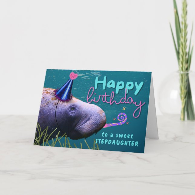 Carte Stepgirl Birthday Cute Manatee à la fête (Devant)