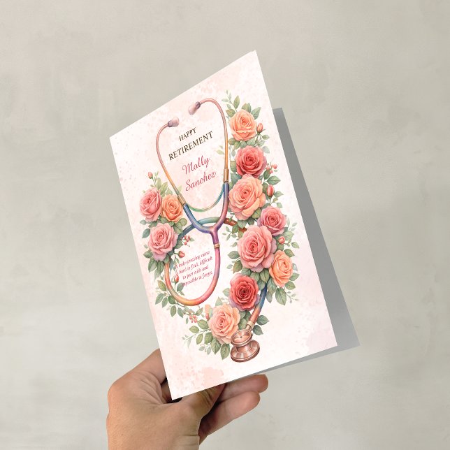 Carte Stéthoscope Rose Rose Fleurie Retraite Heureuse (Floral Pink Rose Stethoscope Happy Retirement Card)