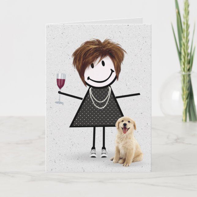 Carte Stick Figure Anniversaire fille avec Golden Retrie (Devant)