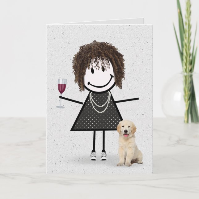 Carte Stick Figure Anniversaire fille avec Golden Retrie (Devant)