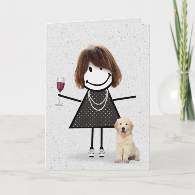 Carte Stick Figure Anniversaire fille avec Golden Retrie (Devant)