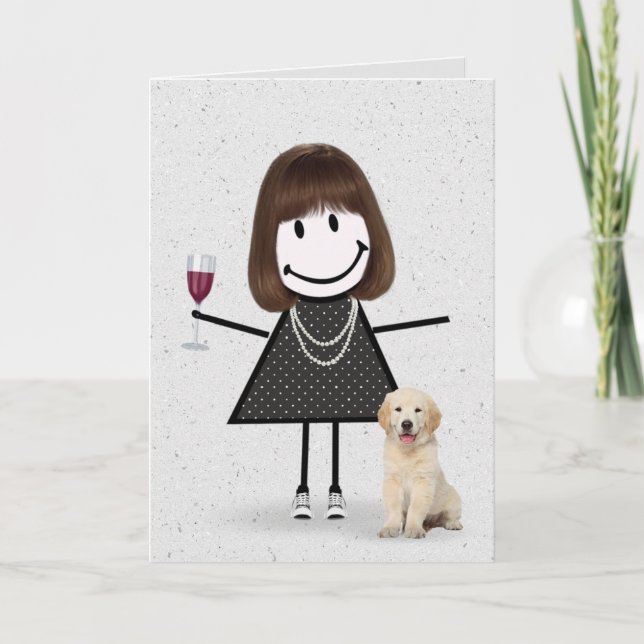 Carte Stick Figure Anniversaire fille avec Golden Retrie (Devant)