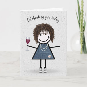 Carte Stick Figure Anniversaire fille avec verre à vin