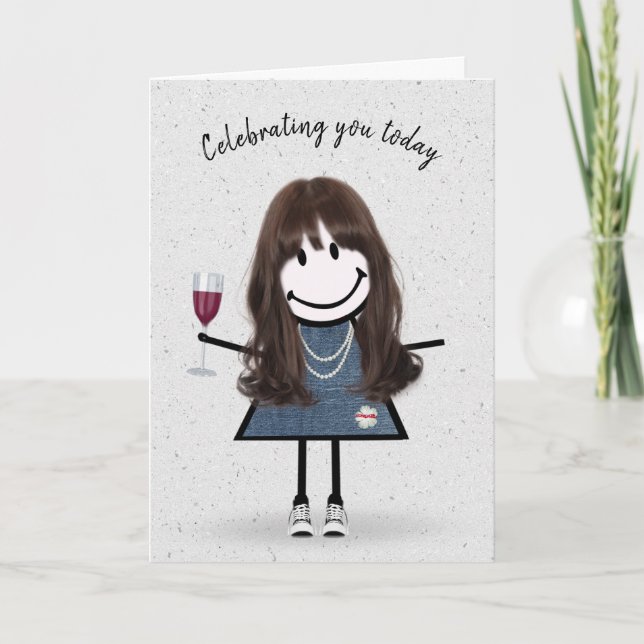 Carte Stick Figure Anniversaire fille avec verre à vin (Devant)