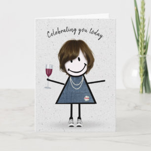 Carte Stick Figure Anniversaire fille avec verre à vin