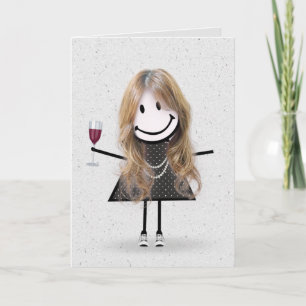 Carte Stick Figure Anniversaire fille avec vin