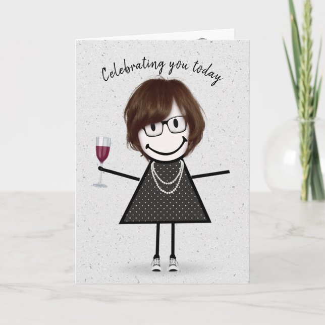 Carte Stick Figure Anniversaire fille avec vin rouge (Devant)