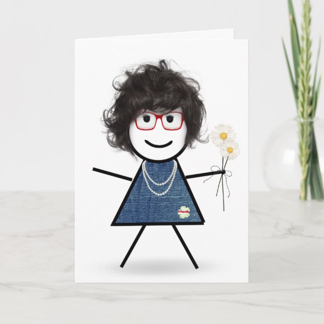 Carte Stick Girl Birthday avec marguerites (Devant)