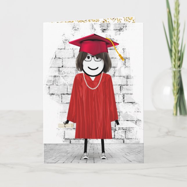 Carte Stick Girl Graduate avec cheveux et diplôme (Devant)