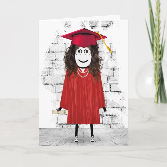 Carte Stick Girl Graduate avec cheveux et diplôme (Devant)
