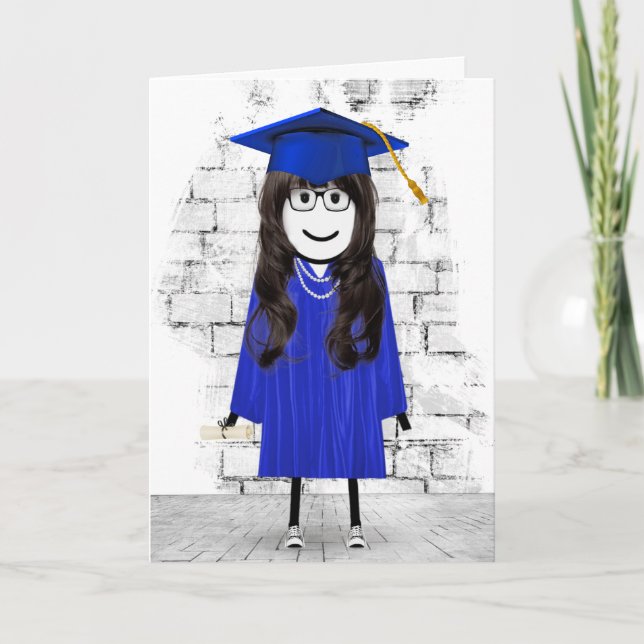 Carte Stick Girl Graduate avec cheveux et diplôme (Devant)