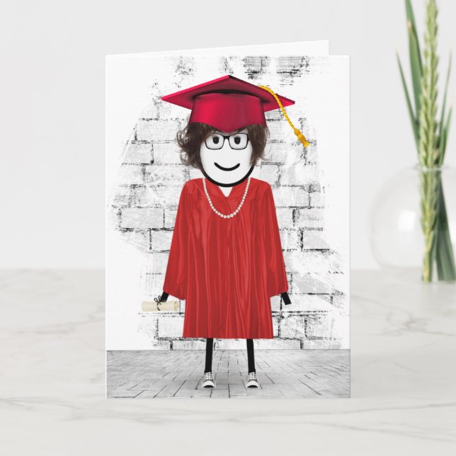 Carte Stick Girl Graduate avec cheveux et diplôme (Devant)