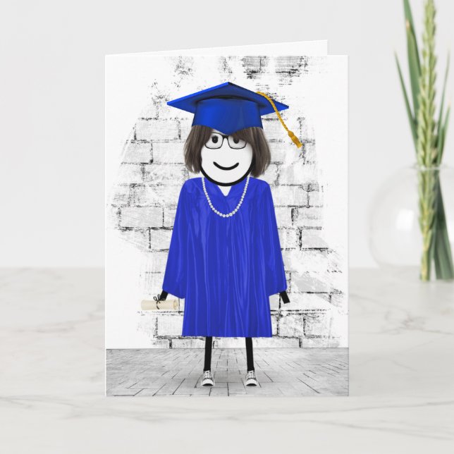 Carte Stick Girl Graduate avec cheveux et diplôme (Devant)