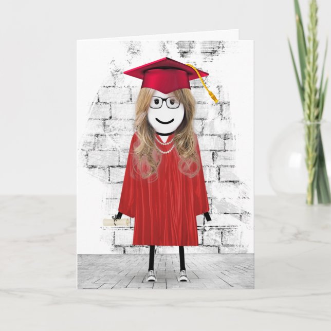 Carte Stick Girl Graduate avec cheveux et diplôme (Devant)