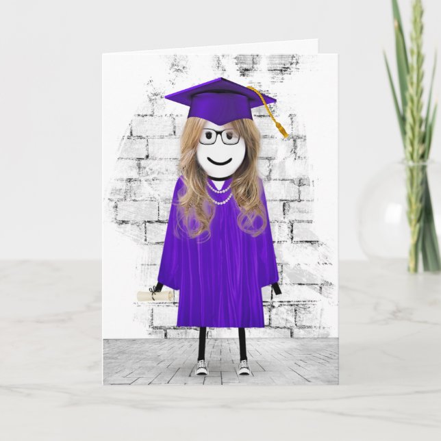 Carte Stick Girl Graduate avec cheveux et diplôme (Devant)