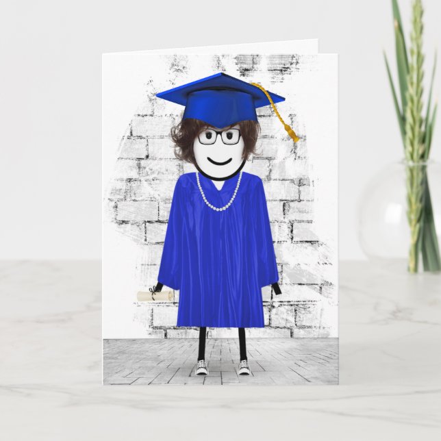 Carte Stick Girl Graduate avec cheveux et diplôme (Devant)