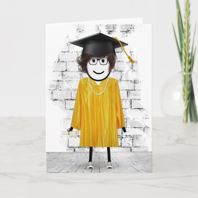Carte Stick Girl Graduate avec cheveux et diplôme (Devant)