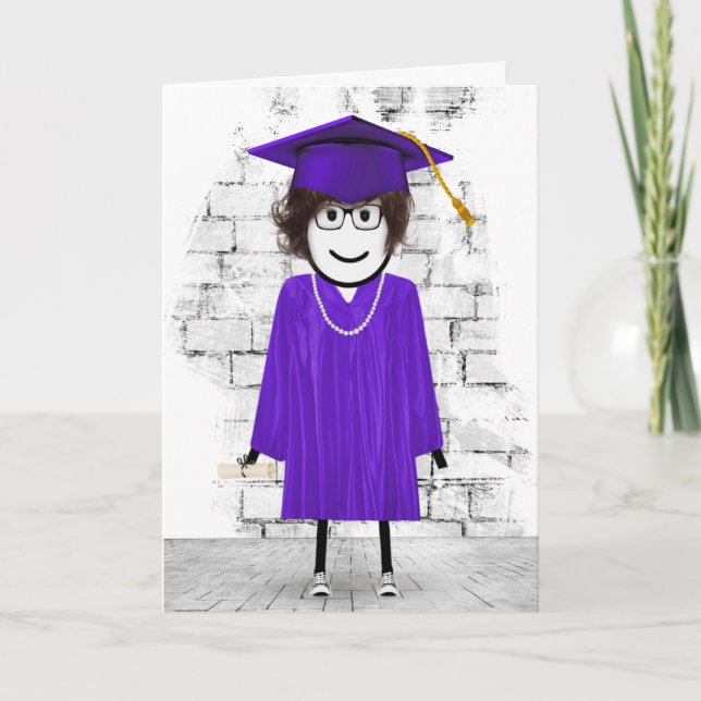 Carte Stick Girl Graduate avec cheveux et diplôme (Devant)