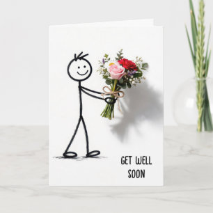 Carte Stickman guérit vite avec bouquet de roses