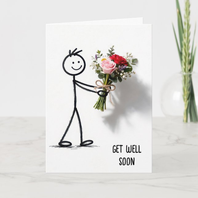 Carte Stickman guérit vite avec bouquet de roses (Devant)