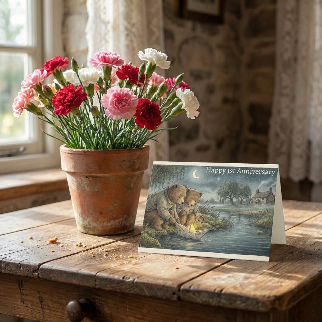 Carte Storybook Bears Paper Boat | 1st Anniversary (Happy 1st Wedding Anniversary Cottagecore storybook bear & paper boat illustration greeting card)