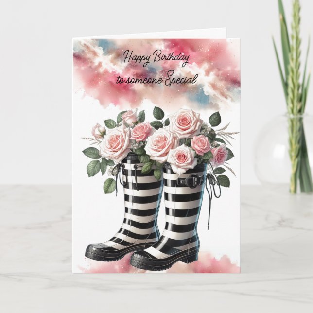 Carte Striped Rainboots et Roses pour un Anniversaire (Devant)