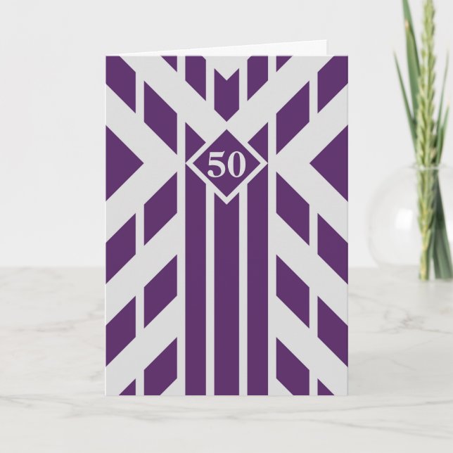 Carte Stripes Purple Quadrangle on Grey 50e Birthday (Devant)