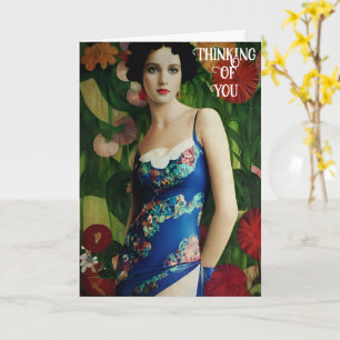 Carte Style Art Déco Elégant Femme avec Grandes Fleurs A