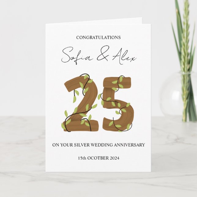Carte Style bois 25e anniversaire mariage salutation (Devant)