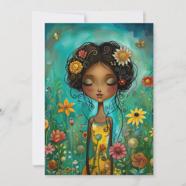 Carte Style d'illustration Femme et Fleurs Hello Flat (Devant)